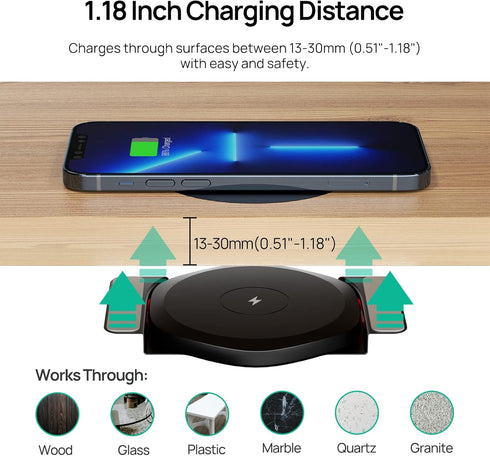 KPON Invisible Wireless Charger,30mm Under Desk Charger Mat, Furniture Table Nightstand Desktop Charging Station for iPhone 15/14/13/12/11//Samsun...