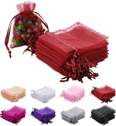 100pcs Red Organza Gift Pouches - 2x3 Inch Sheer Drawstring Bags for Jewelry, Wedding, Party & Christmas Favor Gifts...