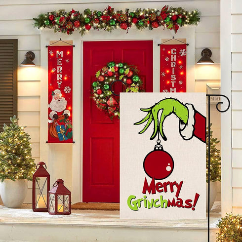 Grinch Merry Christmas Small Garden Flag Vertical Double Sided Burlap Red Green Yard Outdoor Decoration 12 x 18 Inches...