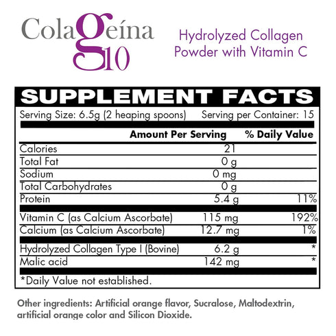 Colageina 10 Hydrolized Collagen Powder with Vitamin C, Anti-Aging, Orange Flavor, Water-Soluble, 3.5 Oz, Jar 3.5 Oz Powder, Jar...