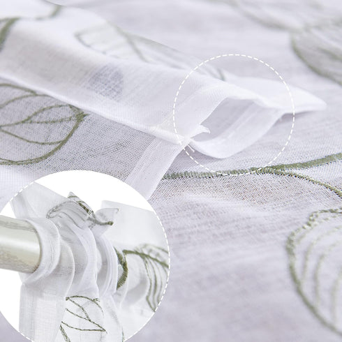 Topick White Sheer Kitchen Curtains - Sage Green Leaf Embroidered Cafe Semi Sheer Short Half Window RV Camper Tier Farmhouse Door Bathroom Basemen...