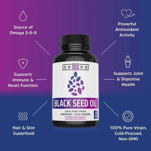 Zhou Nutrition Black Seed Oil Capsules, 100% Virgin, Cold Pressed Source of Omega 3 6 9, Super Antioxidant for Immune Support, Joints, Digestion, ...