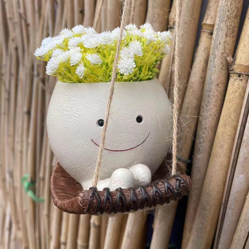 Swing Planter Pots Smiley Face Planter Hanging Resin Flower Head Planters for Indoor and Outdoor Plants,Succulent Pots for String of Pearls Plant-...