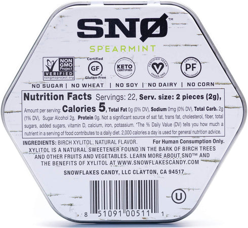 Spearmint KETO Xylitol Candy Chips - SNØ 1.5oz Tin - Sugar-Free Candy With Only 2 Ingredients | Low Carbs, Diabetic-Friendly, Non-GMO, Vegan, GF &...