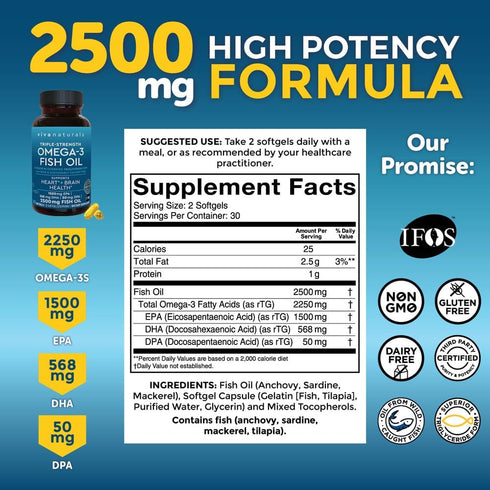 Viva Naturals Triple Strength Omega 3 Fish Oil Supplement - 2500 mg Fish Oil with Re-Esterified Omega 3 Fatty Acids Including EPA, DHA DPA - 60 Pe...