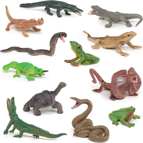 12PCS Mini Amphibians Set,Reptiles Animals Rainforest Wildlife Toy Set Lizard,Tortoise,Snake,Iguana,Tree Frog,Crocodile,Chameleon,Party Favor for ...