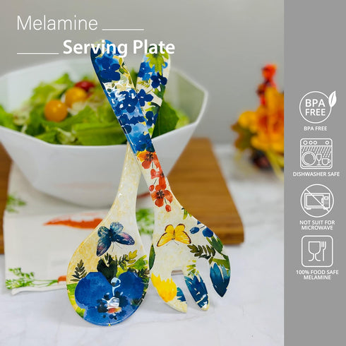 UPware 2-Piece 13 Inch Melamine Salad Server Serving Utensil Set Includes Salad Spoon and Salad Fork (Butterfly Floral)...