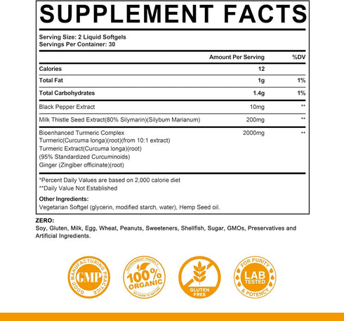 5 in 1 Turmeric Curcumin Softgels 2000mg with Milk Thistle Seed Extract & Black Pepper, Ginger Root - Joint, Immune, Liver Support - 95% Curcumino...