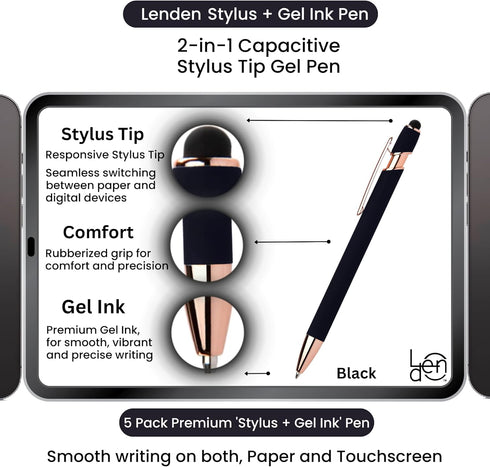 Pack of 5 Rubberized Comfort Soft Touch 2 in 1 Gel Ink Pen Capacitive Stylus Tip, Premium Metal Medium Point, Black Ink, Compatible with Most Touc...