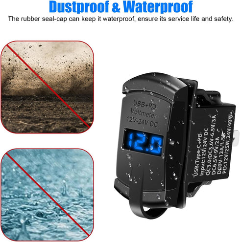 USB Rocker Switch Outlet, Linkstyle QC 3.0 USB-A Port, USB C Port and Voltage Meter with Blue LED Digital Display, Waterproof 12V 24V Rocker Switc...
