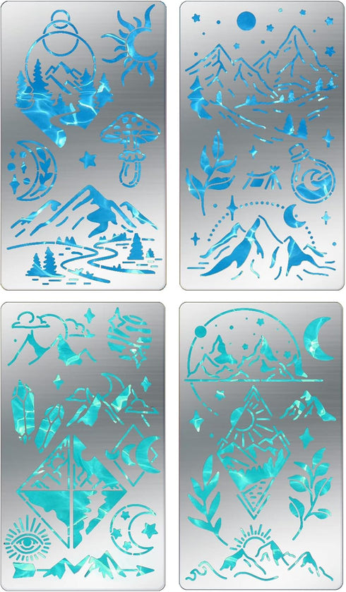 4 Pcs Metal Magic Mountains Stencils Reusable Metal Journal Stencil Moon Sun Pyrography Template for Wood Carving, Drawings and Woodburning, Engra...