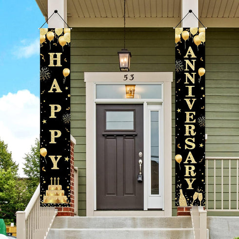 Wedding Anniversary Door Banner - Black Gold Happy Anniversary Sign for Party Decorations, Welcome Porch Outdoor Supplies...
