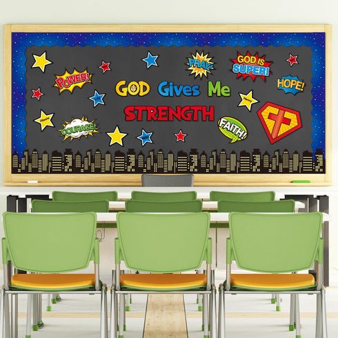 Hero Christian Bulletin Board - 87Pcs Back to School Bible Verse God Gives Me Strength Classroom Decoration, Hero Theme Stars Cutouts Buildings Bo...