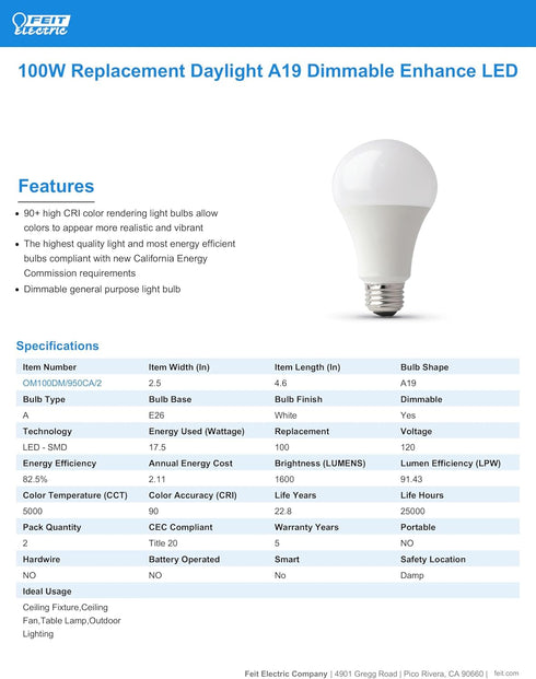 Feit Electric A19 100W Equivalent LED Light Bulbs, Dimmable, 5000k Daylight, 1600 Lumens, 22 Year Lifetime, E26 Base, CRI 90, UL Listed, Damp Rate...