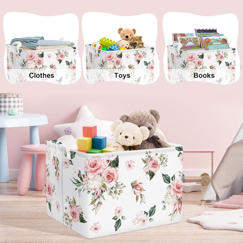 Clastyle Rectangle Rose Floral Baby Girl Gift Basket Outdoor Towel Storage Pool Toy Beach Blanket Basket Pink Flower Shelf Basket for Clothes Toy ...