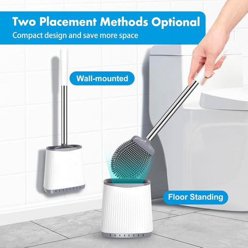 Toilet Brush,Toilet Brush and Holder, Silicone Flexible Toilet Bowl Brush Head with Ventilated Holder, Wall Mounted Compact Toilet Brush Set for B...