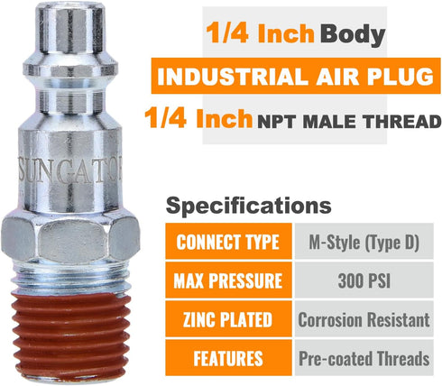 SUNGATOR 1/4-Inch NPT Male Industrial Air Plug, 1/4'' Pneumatic Plugs, Air Hose Fitting, 1/4'' Quick Connect Air Fitting, Air Hose Repair Plug Kit...