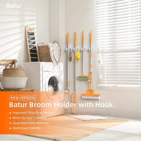 Batur Broom Holder Wall Mount, 4 Pack New Version Broom Holder, Super Anti-Slip Mop and Broom Holder Wall Mount, Adhesive Broom Hanger Mop Organiz...
