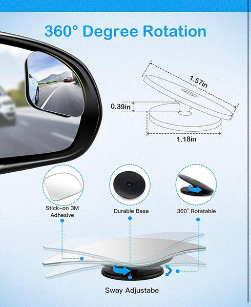 Car Blind Spot Mirror by 3R - Change Lanes w Confidence, Frameless HD Convex Glass, Seamlessly Contours to Rear View Side Mirrors, Peel & Stick (2...