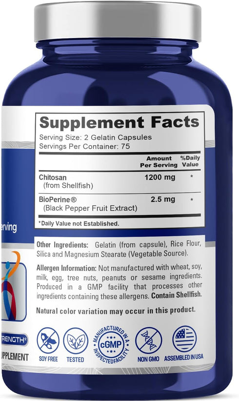 NusaPure Chitosan 1200mg 150 Caps (Non-GMO & Soyfree) with Bioperine...
