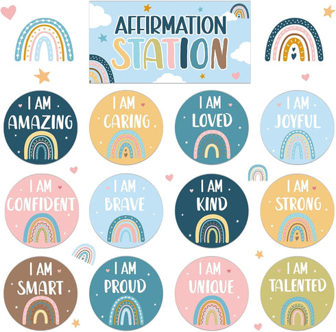Boho Affirmation Station Bulletin Board Set Rainbow Positive Bulletin Board for Classroom Decorations Inspirational Motivational Accent Cutouts fo...