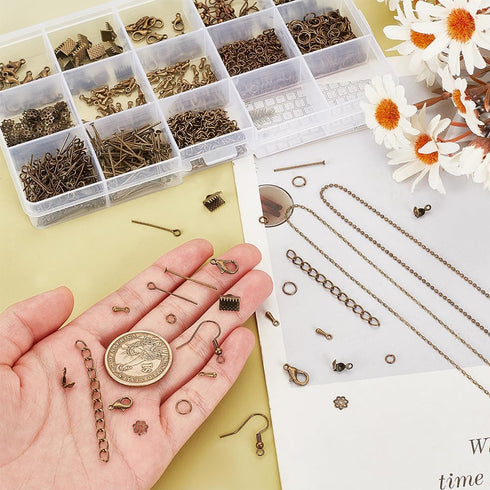 PH PandaHall about 870 Pcs Jewelry Finding Kits with Lobster Claw Clasps, Jump Ring, Ribbon Clamp End, Earring Hook, Flower Bead Cap, Cord End, Ey...