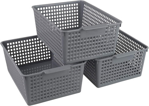 Farmoon Grey Plastic Weave Organizer Basket, 3 Packs Plastic Storage Baskets...