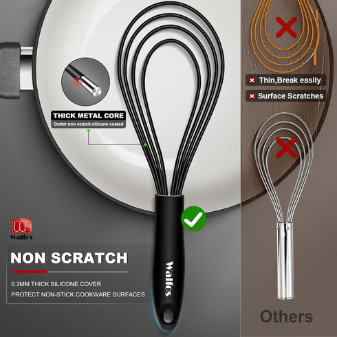 Walfos Silicone Flat Whisk,11inch Flat Whisk Non Scratch Coated Flat Whisks for Cooking.Great for Ceramic Coated pans and Wider shallower pots.Bla...