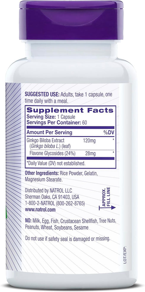 Natrol Brain Health Ginkgo Biloba 120mg, Dietary Supplement for Brain Health and Memory Support, 60 Capsules, 60 Day Supply...