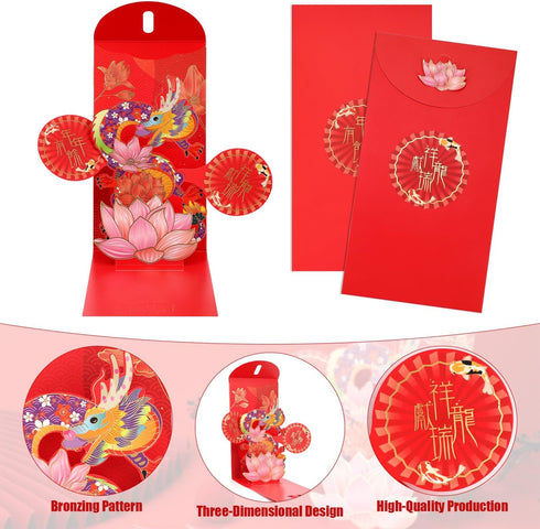 12pcs Chinese Red Envelopes, Three-Dimensional Creative Dragon Red Packet 2024 Lai See Envelopes 3D Pop Up Lucky Money Pocket Hong Bao for Chinese...