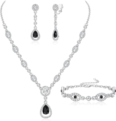 FIBO STEEL Clip on Rhinestone Jewelry Set for Women Party Prom Bridal Bridesmaid Jewelry for Wedding Teardrop Pendant Earrings Necklace Bracelets ...