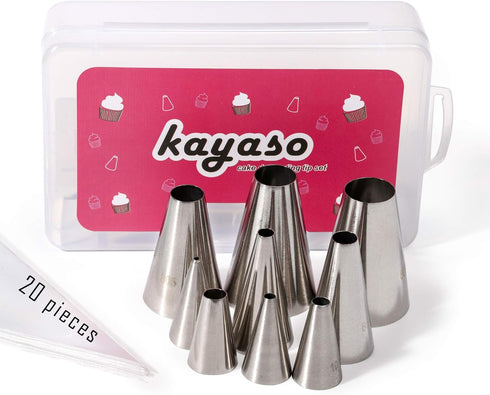 Round Piping Tip Set – 9 Stainless Steel Pastry Tips in Graduated Sizes with 20 Disposable Decorating Bags for Cupcakes, Cakes, Cookies, and Frost...