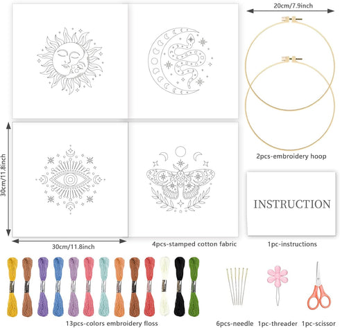 INFUNLY 4pcs Evil Eyes Embroidery Starter Kit for Beginners Moth Cross Stitch Kits for Adults Sun and Moon Stars Snake Stamped Stitches Embroidery...