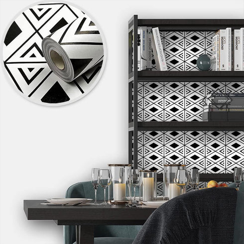 7023 Peel and Stick Wallpaper Black/White Geometric Trellis 17.7" x 9.8ft Modern Rhombus Trellis Self-Adhesive Contact Paper Shelf Liner for Home ...