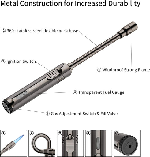Butane Lighter Torch Long Lighter Refillable Jet Lighter Windproof Lighter with Visual Fuel Window Flexible Neck Lighter for Grill Fireplace Stove...