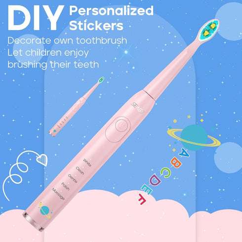 SEAGO Kids Electric Toothbrush, Sonic Soft Bristle Rechargeable Toothbrushes with DIY Stickers, 5 Modes, Includes 4 Replacement Brush Heads, Ages ...