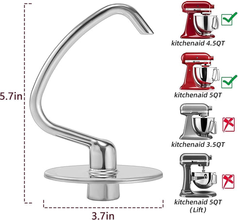 Stainless Steel Dough Hook for KitchenAid 4.5-5 Quart Tilt-Head Stand Mixer, Versatile, Spiral Design, Corrosion Resistant...