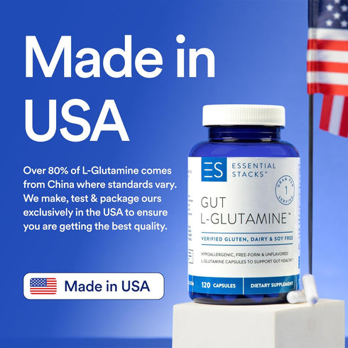 Essential Stacks Gut L-Glutamine Capsules 1000mg (Made in USA) - Gluten, Dairy & Soy Free, Non-GMO L Glutamine for Gut Health - 60 Serves (120 Cap...