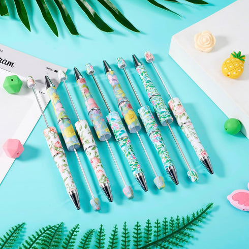 Beadthoven 12pcs DIY Beadable Pens, Hawaiian Flower Plastic Bead Pens with 48pcs Assorted Boho Tropical Summer Flamingo Pineapple Beads Pen Making...