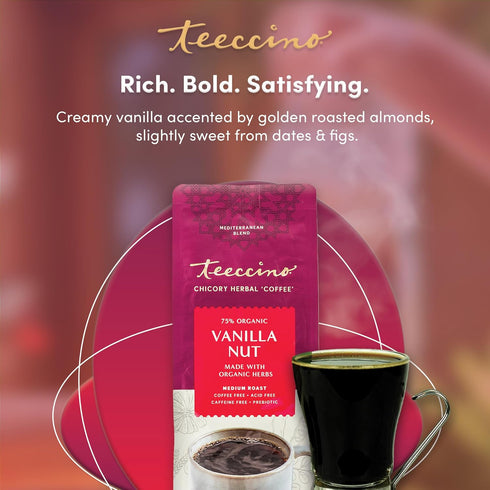 Teeccino Vanilla Nut Chicory Coffee Alternative - 11 Ounce - Ground Herbal Coffee That’s Prebiotic, Caffeine Free & Acid Free, Medium Roast...
