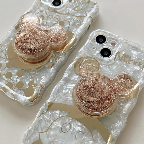 Cartoon Case for iPhone 13 Pro Max, Cute Mickey Mouse Shinny Gold Plating Curly Wave Frame with Quicksand Cell Phone Holder Strap for Woman Girls ...