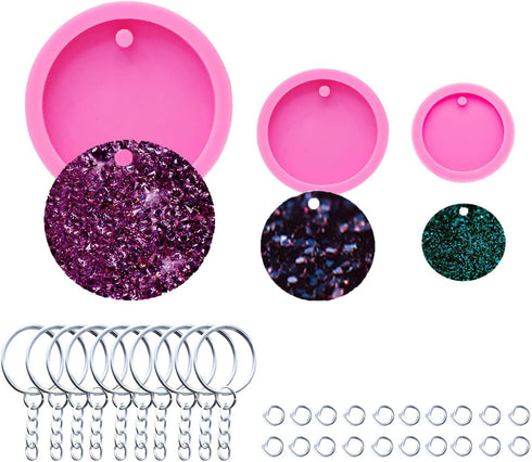 3pc Glossy Resin Silicone 1.5in 2in 2.5in Circle Molds Pet Cat Tag DIY Keychain Mould with 10PC Key Ring(DY0079+DY0080+DY0260)...