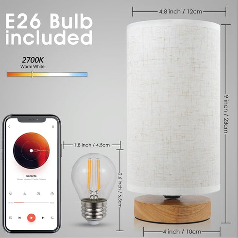 Small Bedside Night Table Lamp for Bedroom, Minimalist Nightstand Lamp with Round Fabric Linen Shade, Study Reading Desk Lamp for Kids Room, Livin...