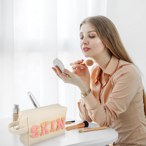 Sotiff 3 Pcs Preppy Patch Makeup Bag Hair Face Skin Cosmetic Bag Travel Toiletry Bag for Women Chenille Letters Patch Bag with Handle Waterproof P...