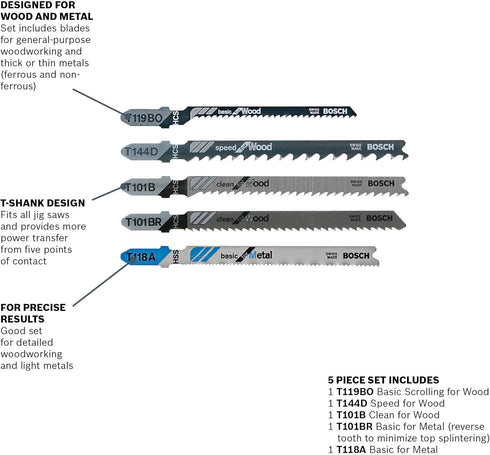 Bosch T-Shank Jig Saw Blade Set T501, 5 Pieces, 3-1/4'' - 4'', 6-24 TPI, For Wood And Metal...