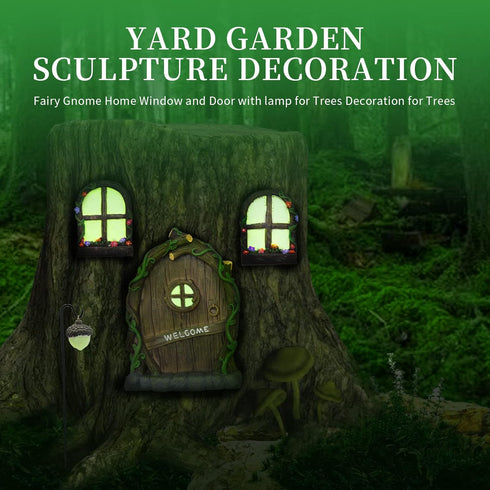 Fairy Garden Accessories Yard Garden Sculpture Decoration Gnome Home Window and Door with lamp Decoration for Trees...