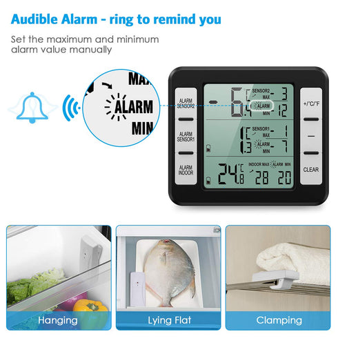 (New Version) AMIR Refrigerator Thermometer, Wireless Indoor Outdoor Thermometer, Sensor Temperature Monitor with Audible Alarm Temperature Gauge ...