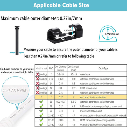 Self-Adhesive Cable Clips Organizer Drop Wire Holder Cord Management, Pack of 20 (Black, 0.27 inch)...