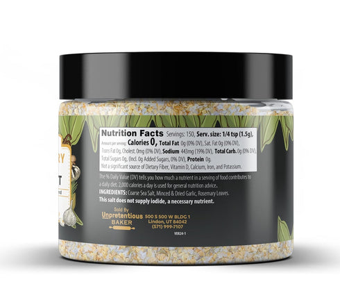 Unpretentious Rosemary Garlic Sea Salt, 8 oz, Versatile Seasoning, Cooking & Baking, Savory Seasoning Blend...