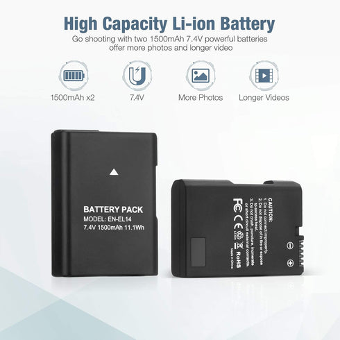 EN-EL14 EN EL14A Battery 2-Pack 1500mAh Li-ion Batteries Compatible with Nikon D3100 D3200 D3300 D3400 D3500 D5100 D5200 D5300 D5500 D5600 DF Cool...